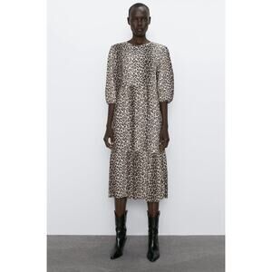 Zara Brown Black Leopard Animal Print 3/4 Sleeve Tiered Midi A-line Dress Size S